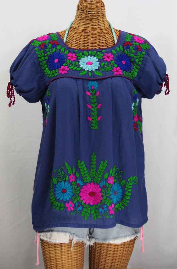 "La Poblana" Puff-Tie Short Sleeve Embroidered Mexican Style Peasant Top - Royal Blue