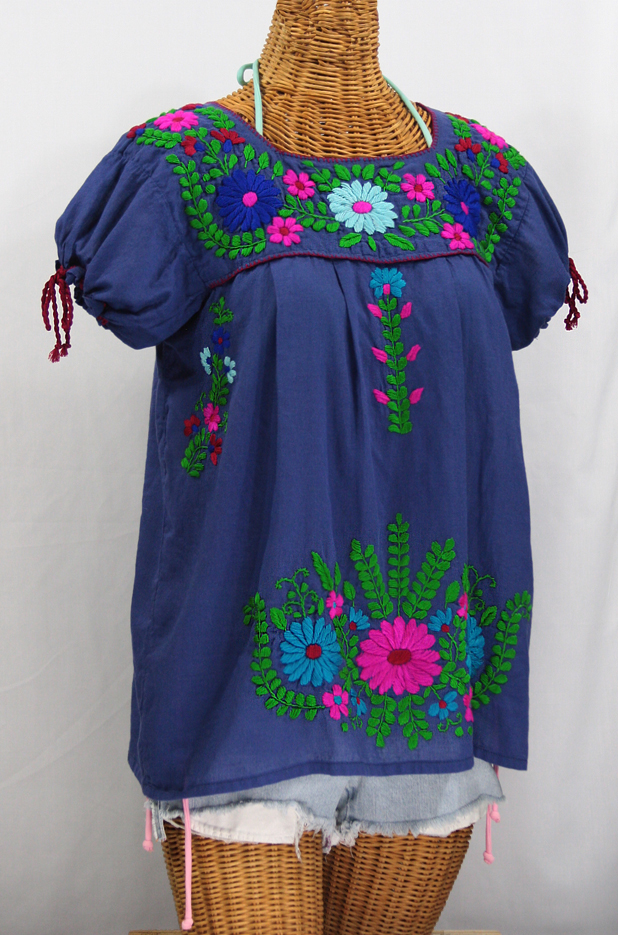 "La Poblana" Puff-Tie Short Sleeve Embroidered Mexican Style Peasant Top - Royal Blue