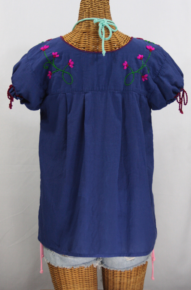 "La Poblana" Puff-Tie Short Sleeve Embroidered Mexican Style Peasant Top - Royal Blue