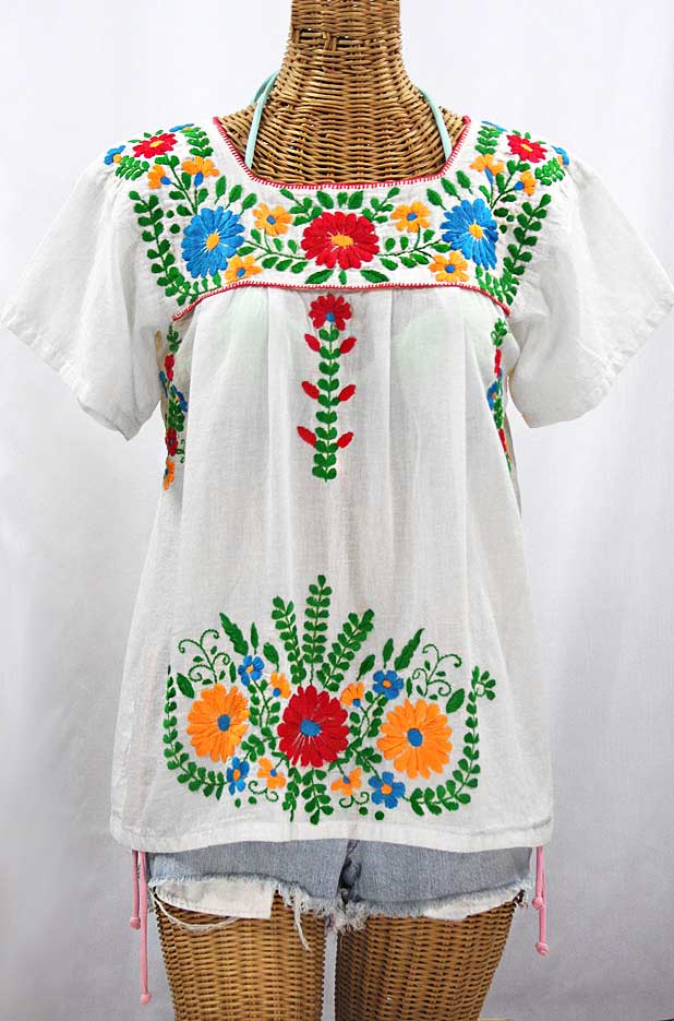 "La Poblana" Embroidered Mexican Style Peasant Top - White + Fiesta