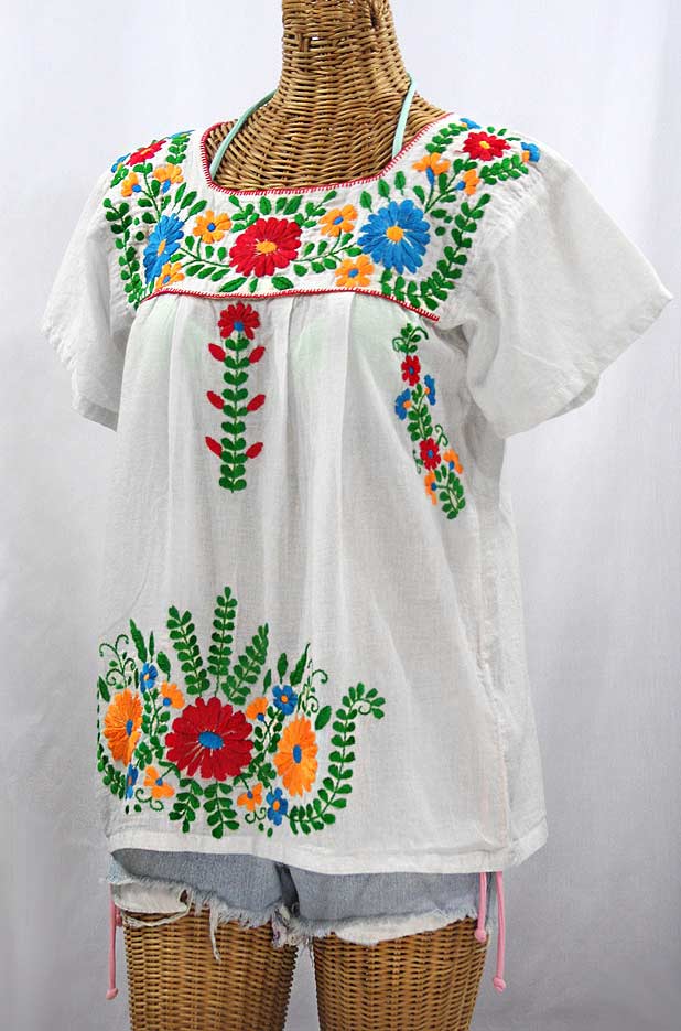 "La Poblana" Embroidered Mexican Style Peasant Top - White + Fiesta