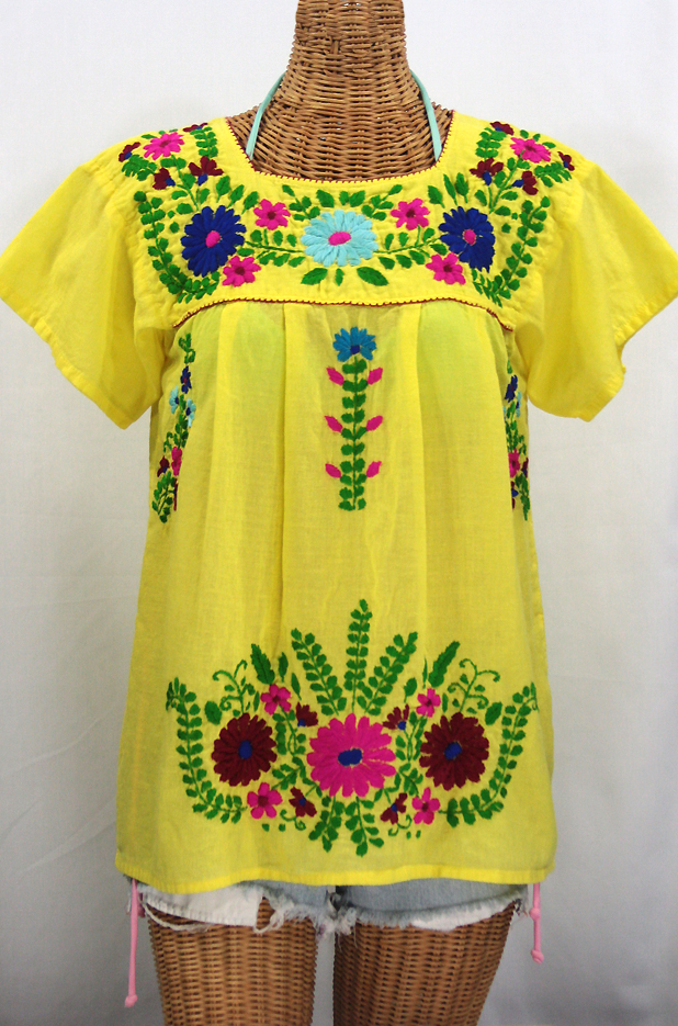 FINAL SALE -- "La Poblana" Embroidered Mexican Style Peasant Top - Yellow