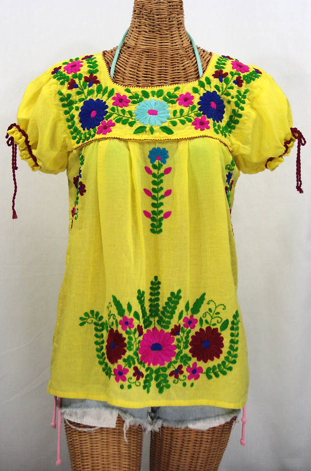 "La Poblana" Puff-Tie Short Sleeve Embroidered Mexican Style Peasant Top - Yellow