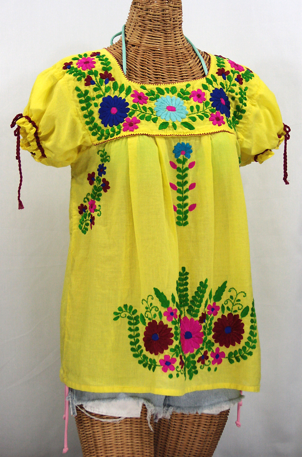 FINAL SALE -- "La Poblana" Puff-Tie Short Sleeve Embroidered Mexican Style Peasant Top - Yellow