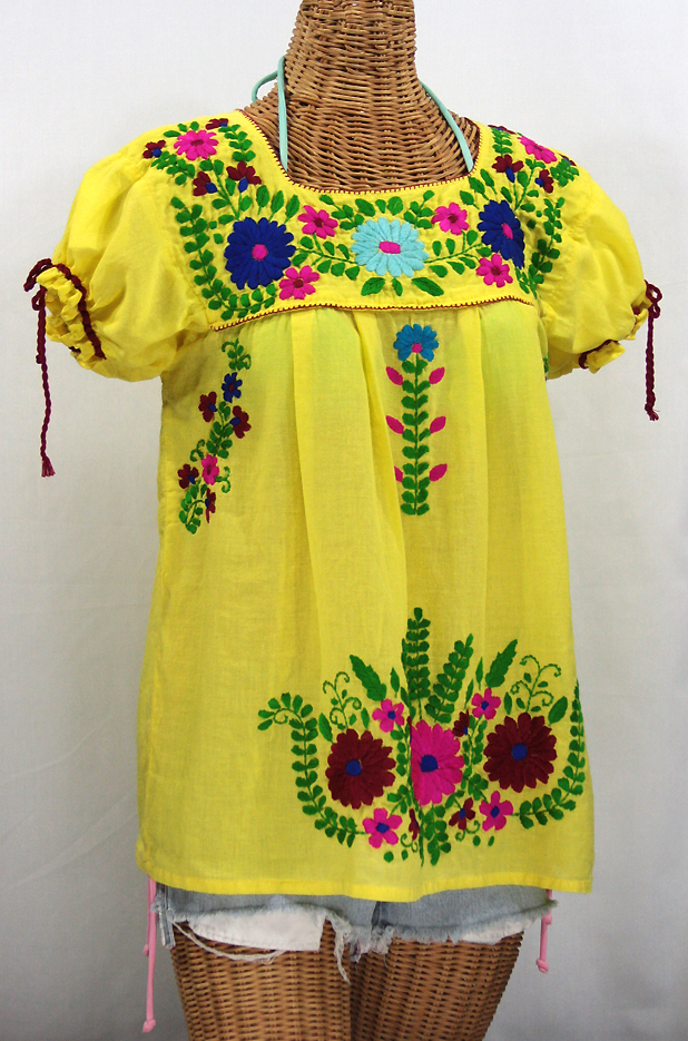 "La Poblana" Puff-Tie Short Sleeve Embroidered Mexican Style Peasant Top - Yellow