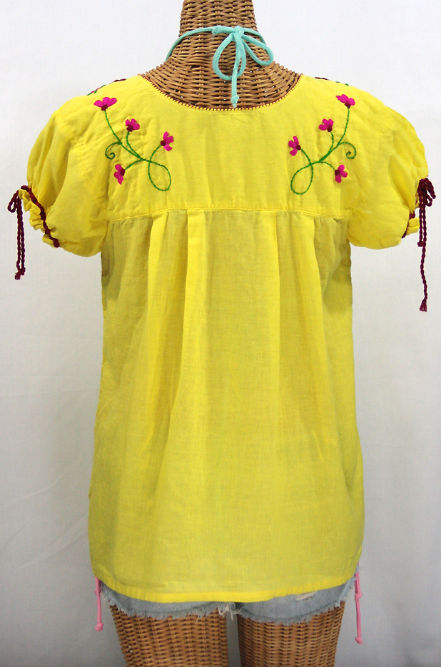 "La Poblana" Puff-Tie Short Sleeve Embroidered Mexican Style Peasant Top - Yellow