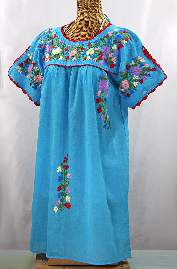 "La Primavera" Embroidered Mexican Dress -Aqua