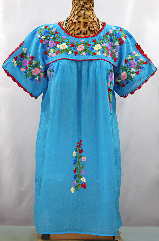 "La Primavera" Embroidered Mexican Dress -Aqua