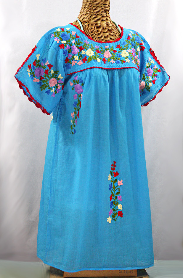 "La Primavera" Embroidered Mexican Dress -Aqua