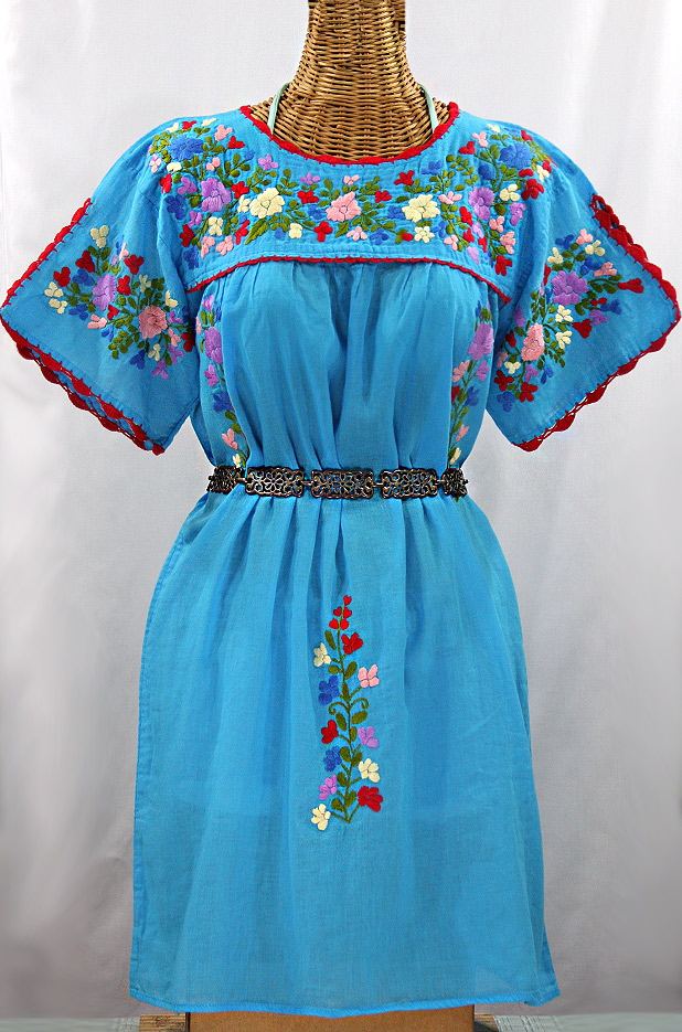 "La Primavera" Embroidered Mexican Dress -Aqua