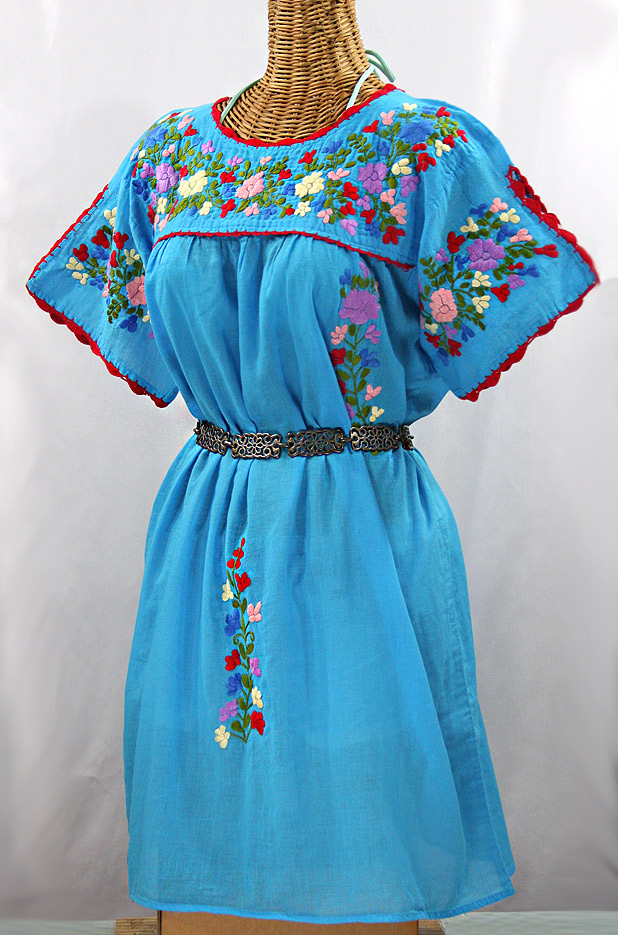 "La Primavera" Embroidered Mexican Dress -Aqua