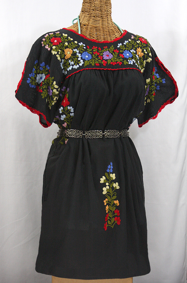 "La Primavera" Embroidered Mexican Dress - Black