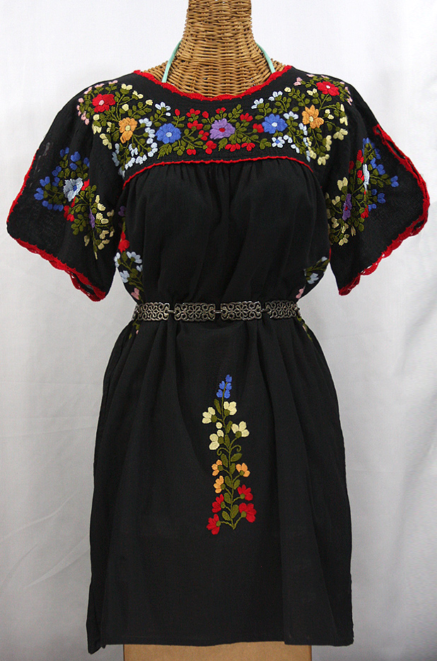 "La Primavera" Embroidered Mexican Dress - Black