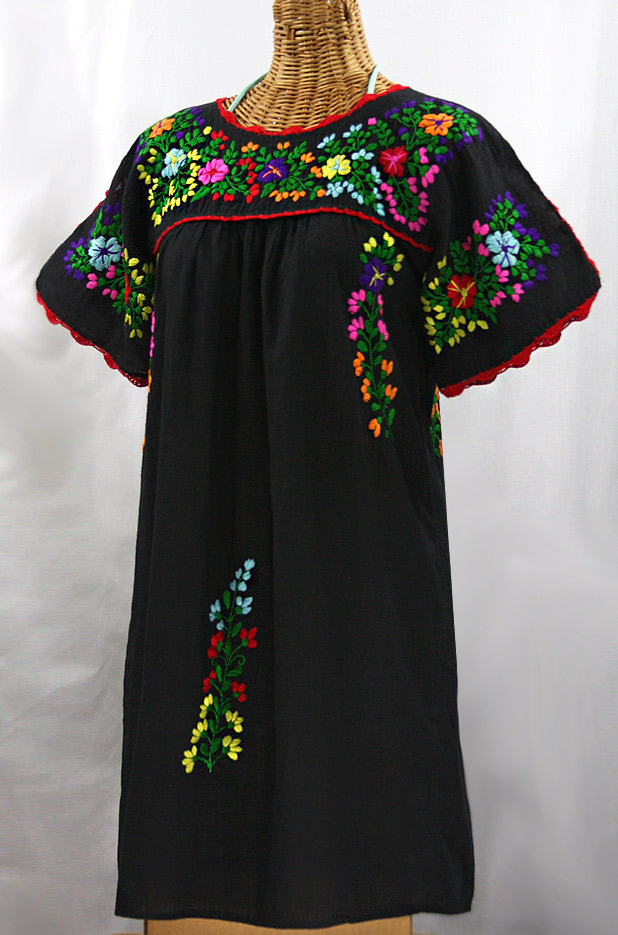 "La Primavera" Embroidered Mexican Dress - Black + Rainbow