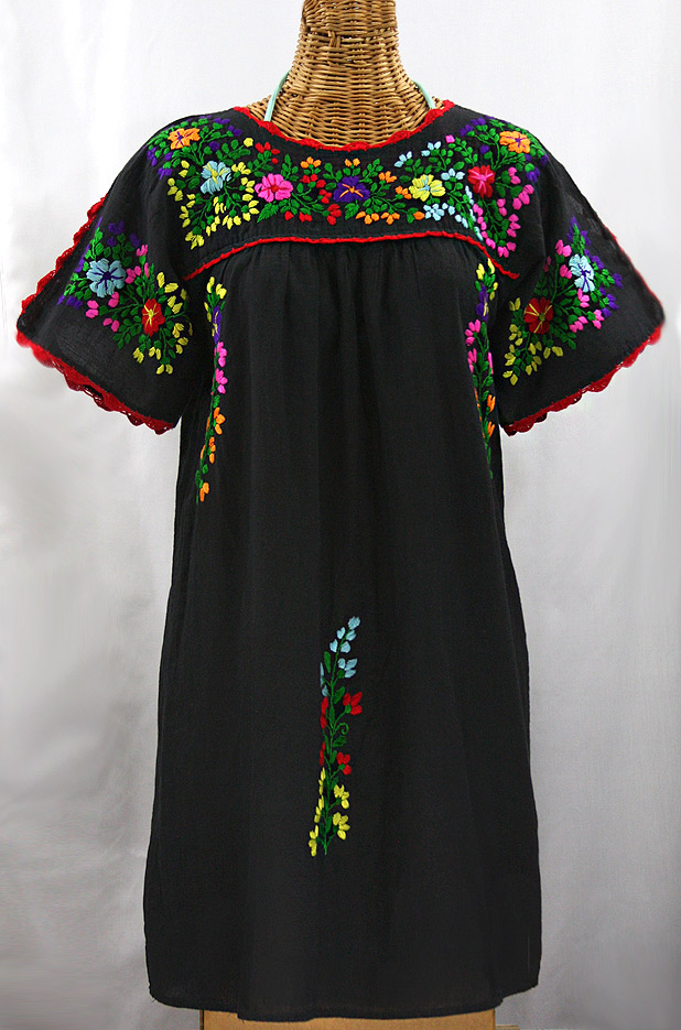 "La Primavera" Embroidered Mexican Dress - Black + Rainbow