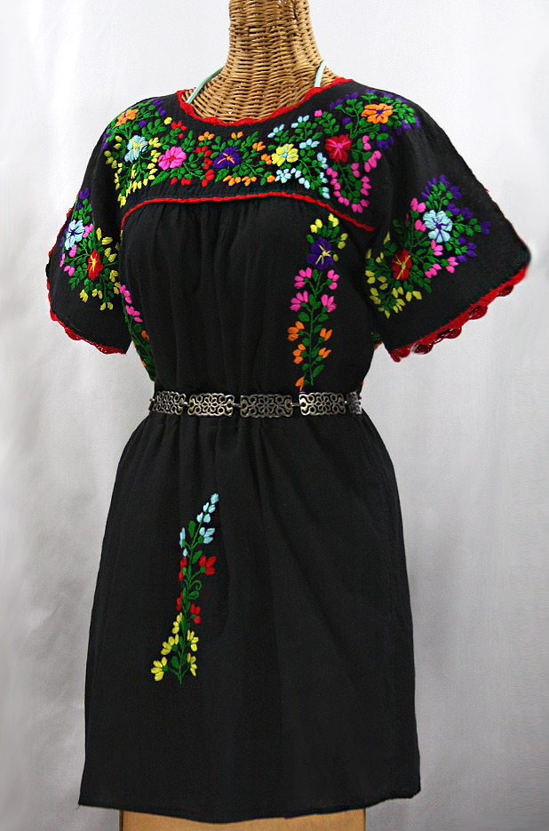 "La Primavera" Embroidered Mexican Dress - Black + Rainbow