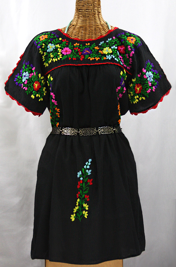 "La Primavera" Embroidered Mexican Dress - Black + Rainbow