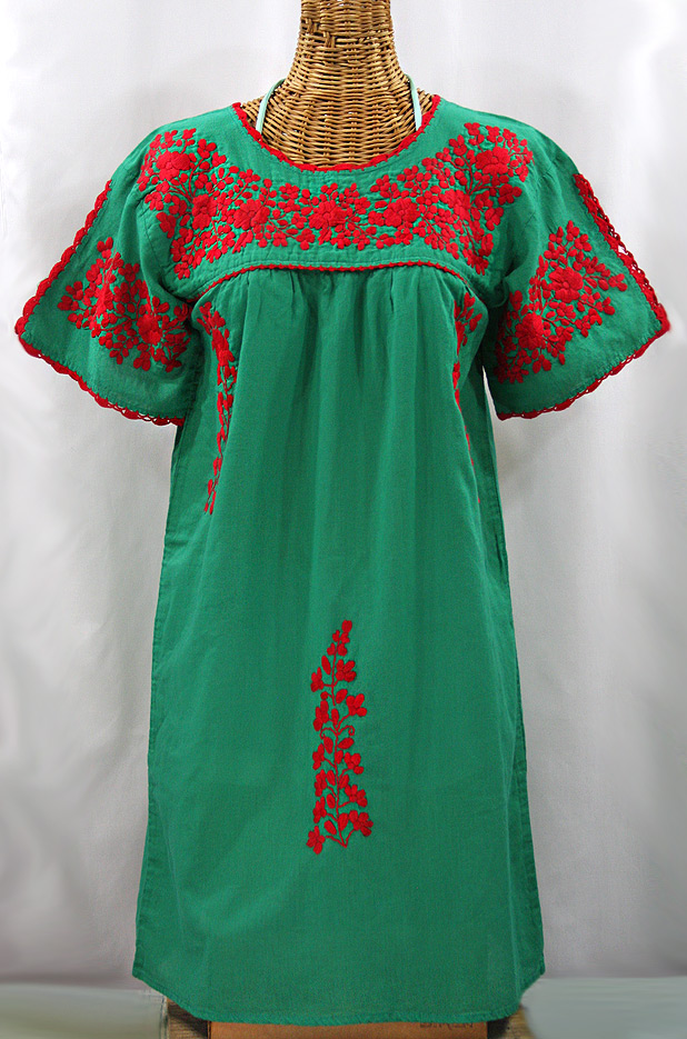 "La Primavera" Embroidered Mexican Dress - Green + Red