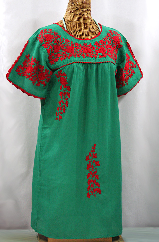 "La Primavera" Embroidered Mexican Dress - Green + Red