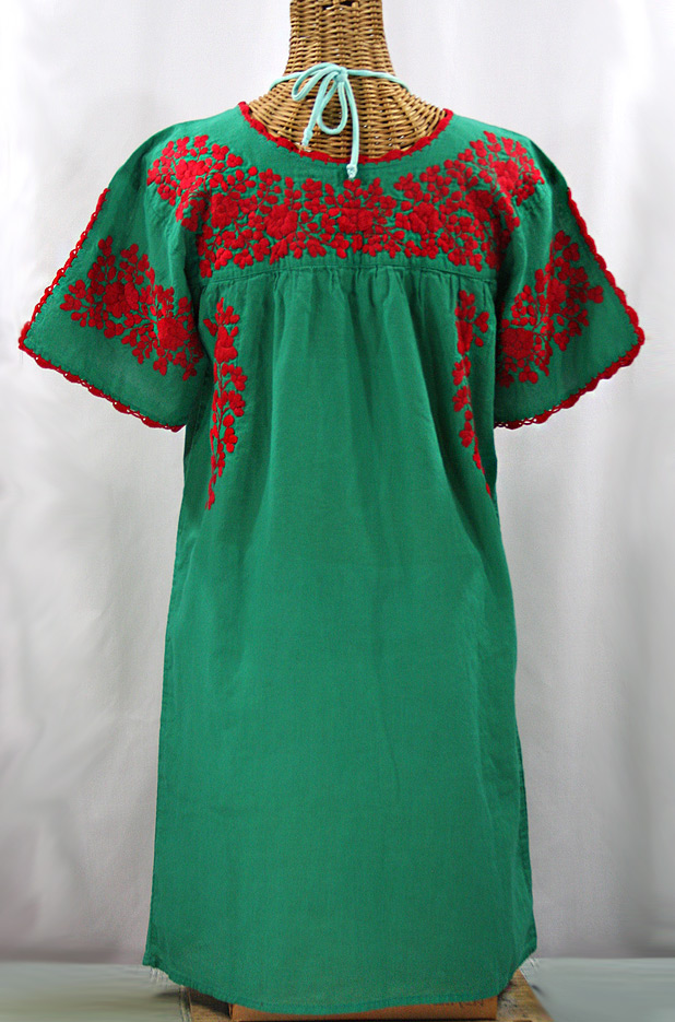 FINAL SALE -- "La Primavera" Embroidered Mexican Dress - Green + Red