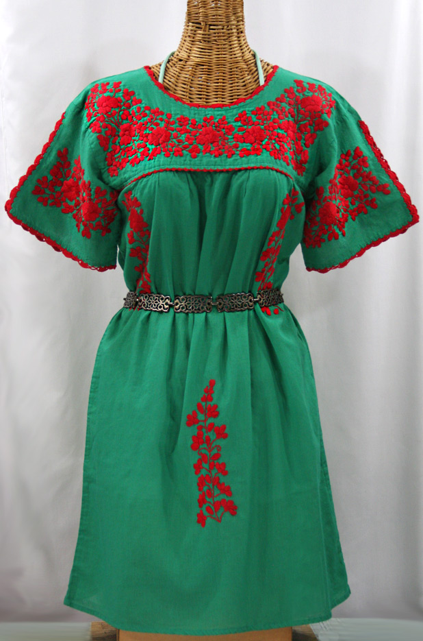 "La Primavera" Embroidered Mexican Dress - Green + Red