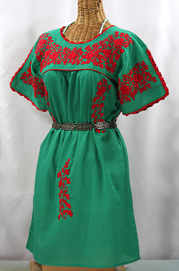 "La Primavera" Embroidered Mexican Dress - Green + Red