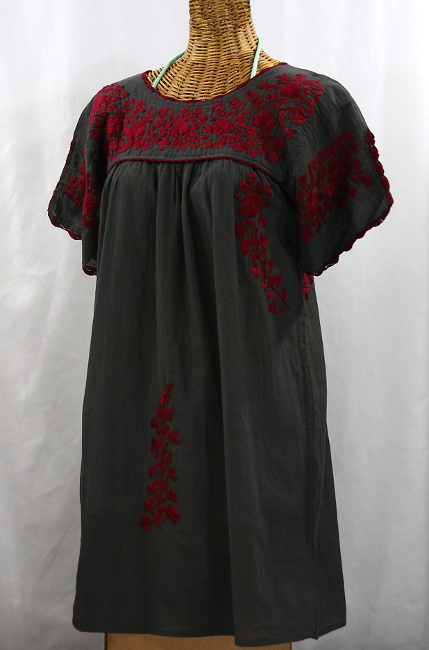 "La Primavera" Embroidered Mexican Dress - Charcoal + Maroon