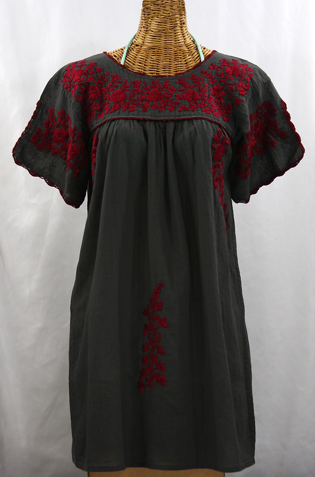 "La Primavera" Embroidered Mexican Dress - Charcoal + Maroon