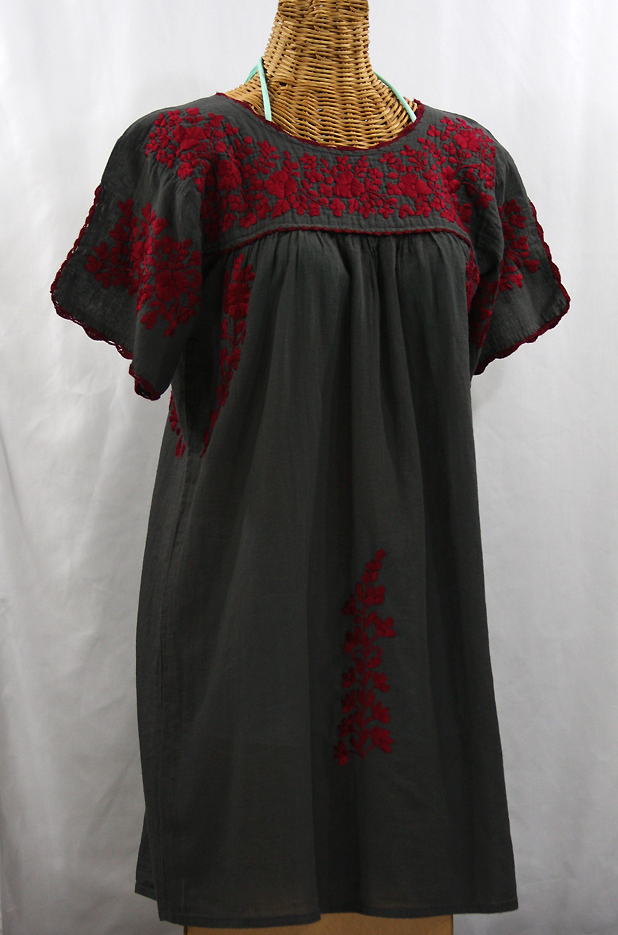 "La Primavera" Embroidered Mexican Dress - Charcoal + Maroon