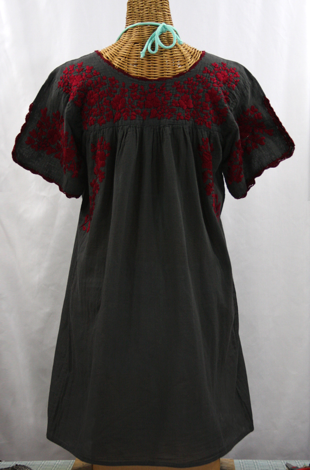 "La Primavera" Embroidered Mexican Dress - Charcoal + Maroon