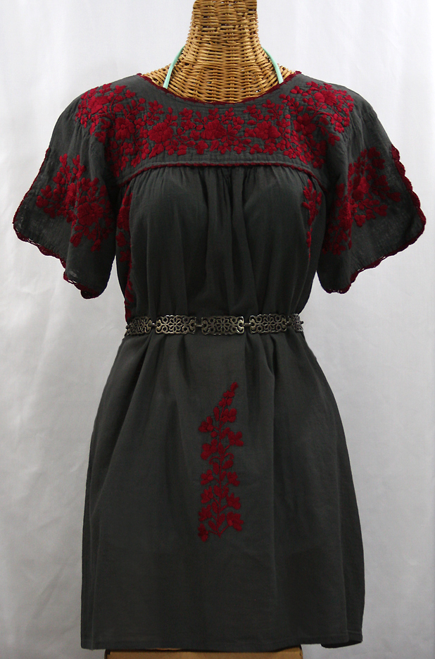 "La Primavera" Embroidered Mexican Dress - Charcoal + Maroon