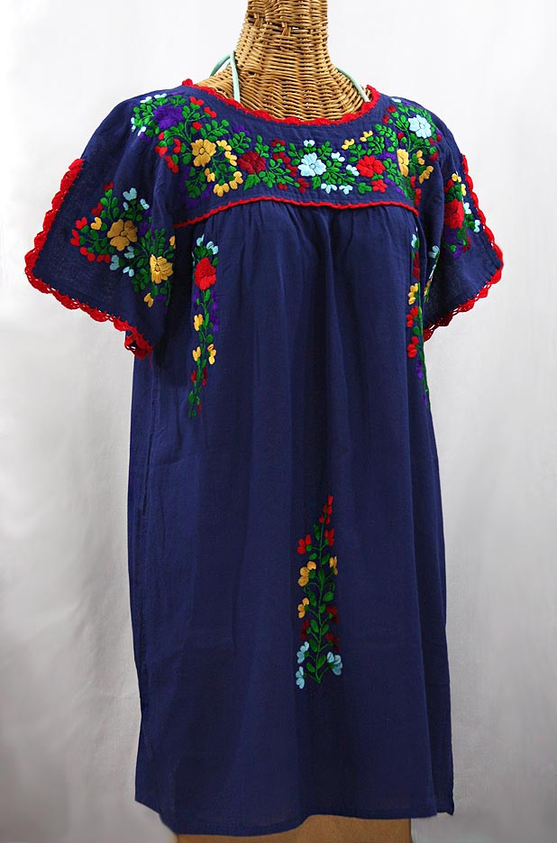 "La Primavera" Embroidered Mexican Dress - Denim Blue + Bright Multi