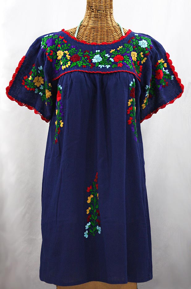 "La Primavera" Embroidered Mexican Dress - Denim Blue + Bright Multi