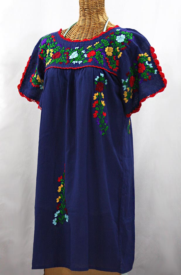 "La Primavera" Embroidered Mexican Dress - Denim Blue + Bright Multi