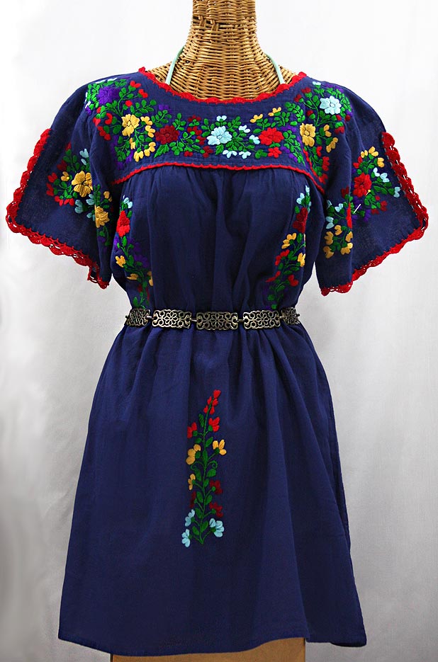 "La Primavera" Embroidered Mexican Dress - Denim Blue + Bright Multi