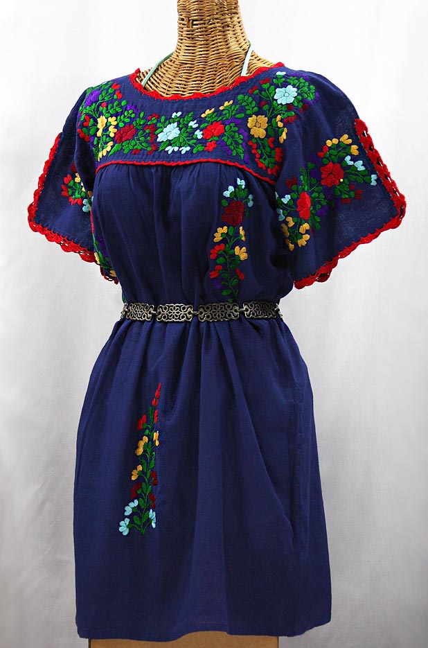 "La Primavera" Embroidered Mexican Dress - Denim Blue + Bright Multi