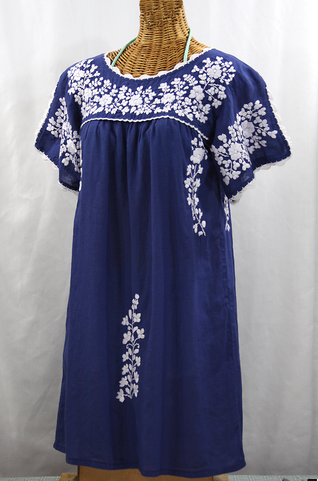 "La Primavera" Embroidered Mexican Dress - Denim Blue + White