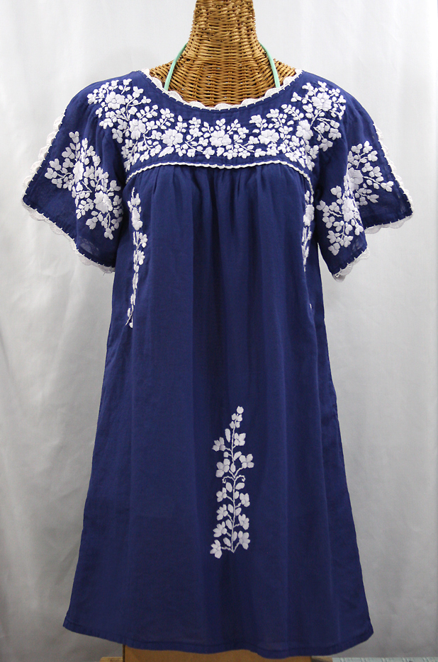 "La Primavera" Embroidered Mexican Dress - Denim Blue + White