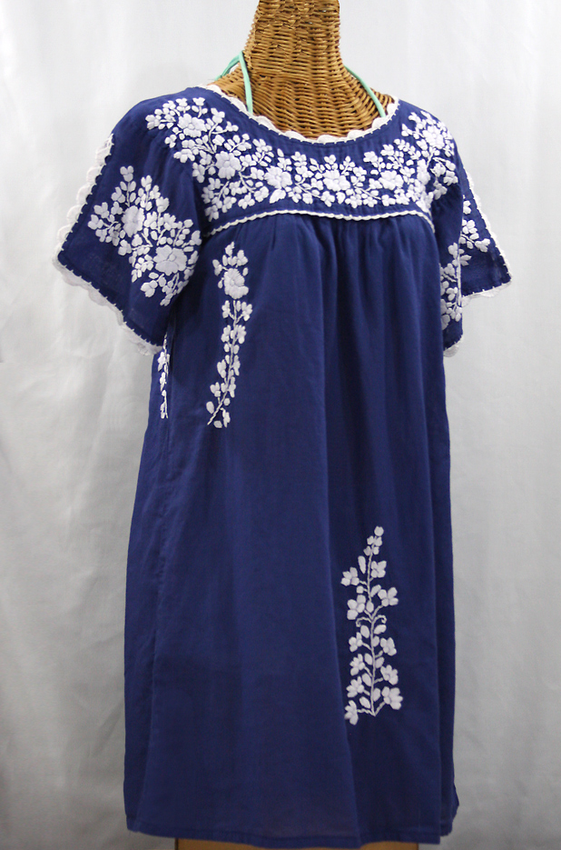 "La Primavera" Embroidered Mexican Dress - Denim Blue + White