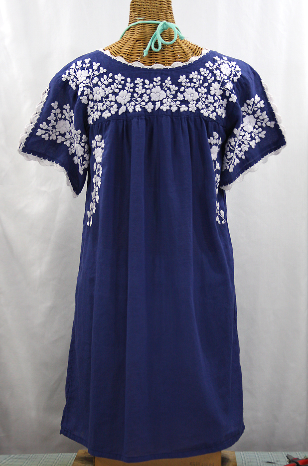 "La Primavera" Embroidered Mexican Dress - Denim Blue + White