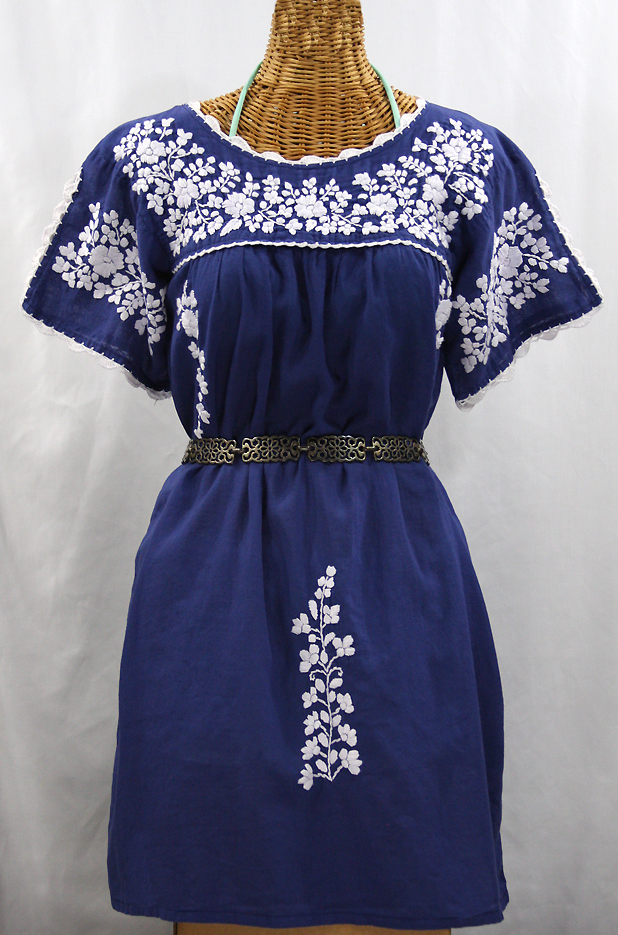 "La Primavera" Embroidered Mexican Dress - Denim Blue + White