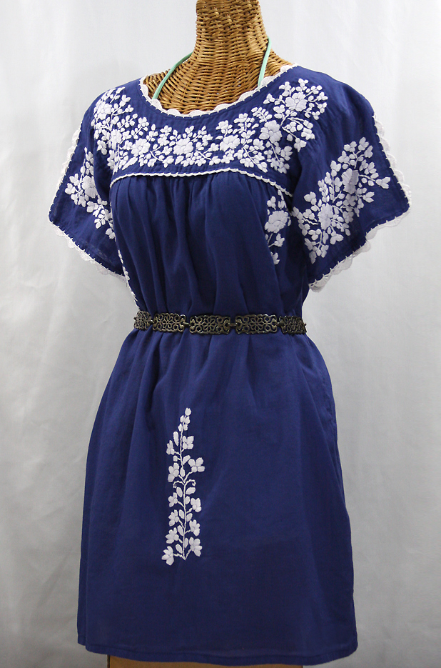 "La Primavera" Embroidered Mexican Dress - Denim Blue + White