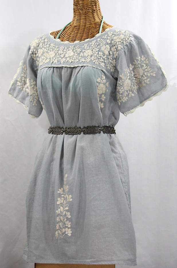 "La Primavera" Embroidered Mexican Dress - Grey + Off White 