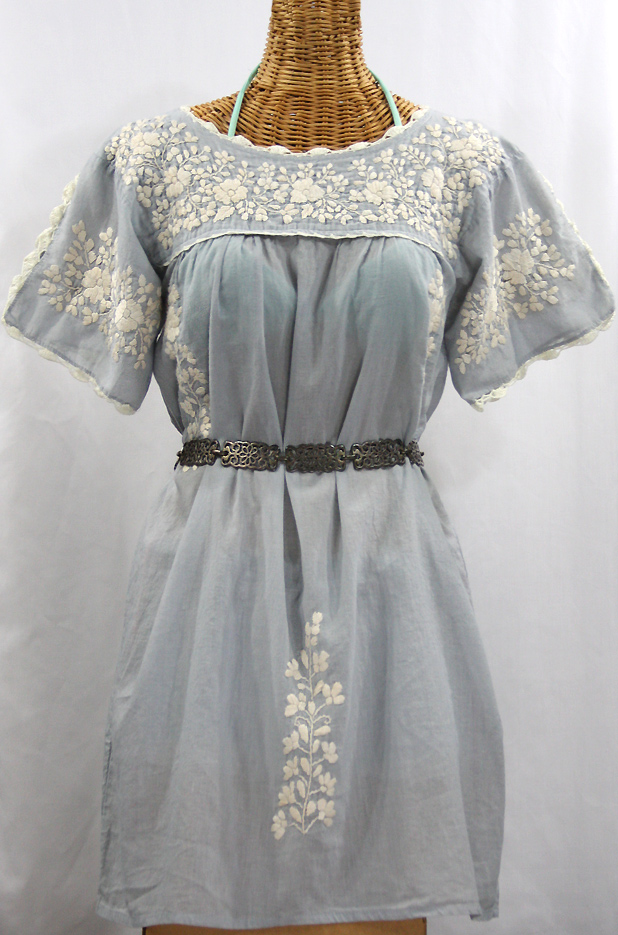 "La Primavera" Embroidered Mexican Dress - Grey + Off White 