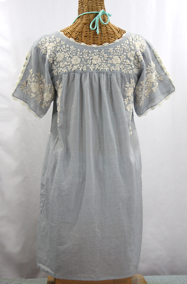 "La Primavera" Embroidered Mexican Dress - Grey + Off White 