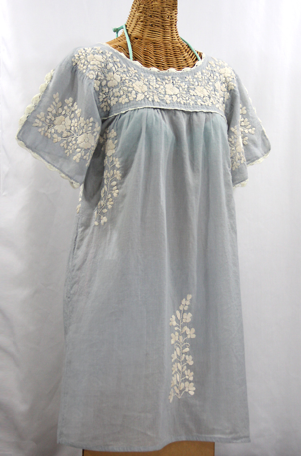 "La Primavera" Embroidered Mexican Dress - Grey + Off White 