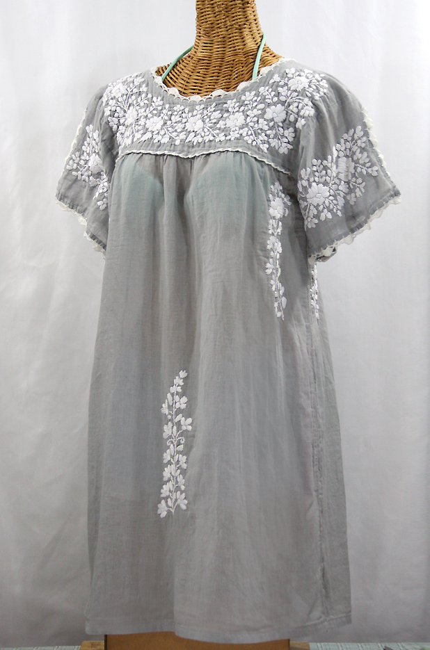 "La Primavera" Embroidered Mexican Dress - Grey + White