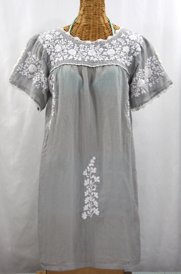 "La Primavera" Embroidered Mexican Dress - Grey + White
