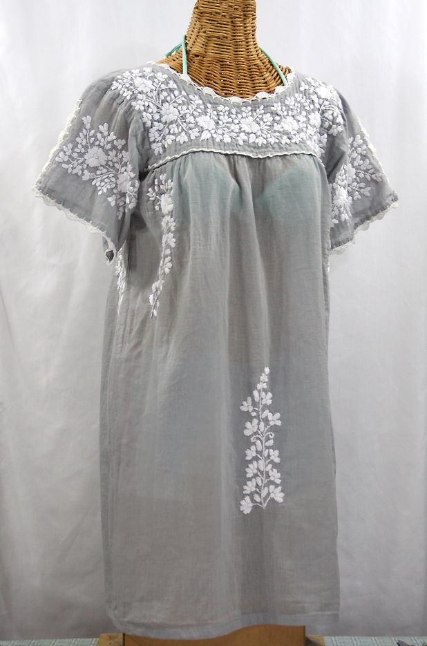 "La Primavera" Embroidered Mexican Dress - Grey + White