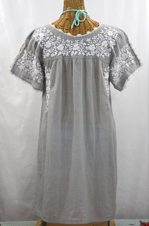 "La Primavera" Embroidered Mexican Dress - Grey + White